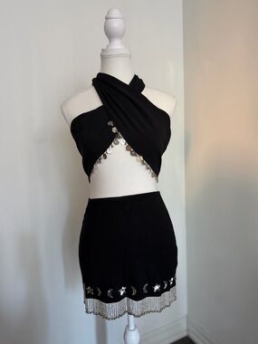 Black Two-Piece Halter Crop Top & Mini Skirt Set with Coin & Crescent Trim